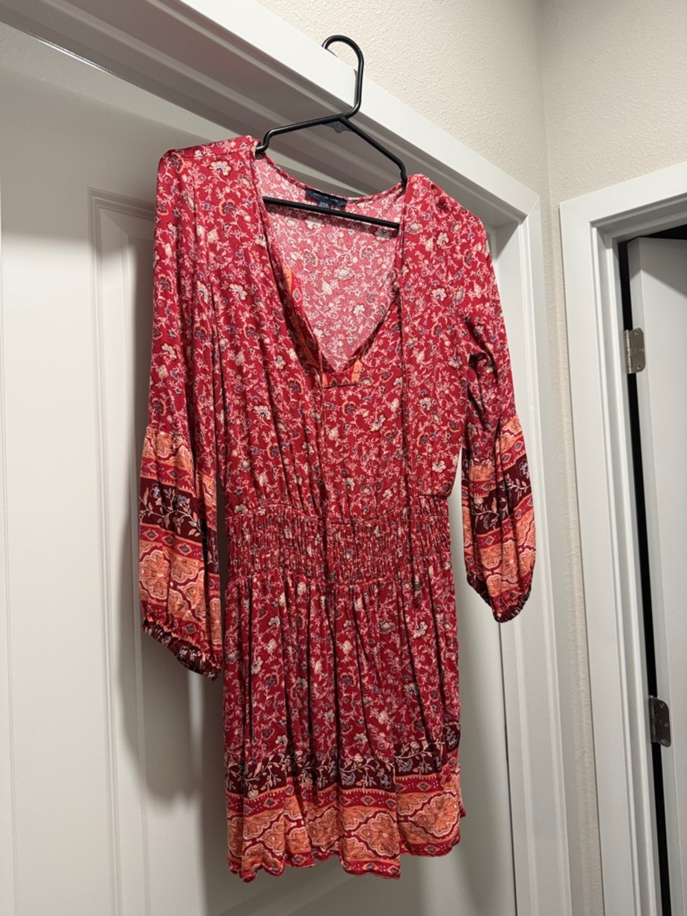 American Eagle Outfitters Red Floral Long Sleeve Smocked Dress